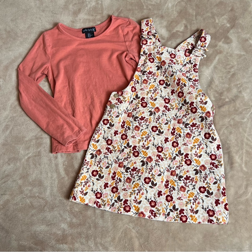 CYNTHIA ROWLEY Pink Fall Floral Shirt and Corduroy Overall Skirt Set - Size 6